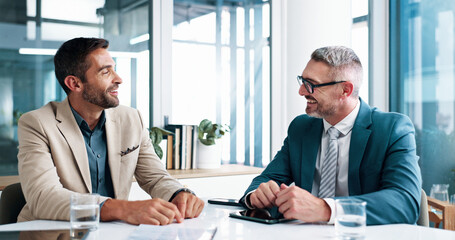 Discussion, financial portfolio or happy business people in meeting for teamwork, investment profit...