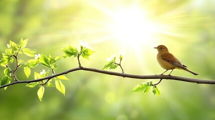 Obraz premium Bird on spring branch, sunlit forest, new leaves. Nature postcard, spring