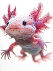 Pink axolotl swimming in aquarium, facing forward