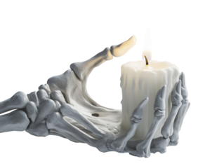 Isolated Skeletal Hand Cradling a Glowing Candle
