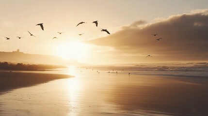 Obraz premium Serene Beach with Seagulls Flying Above at Sunrise on Calm Waters