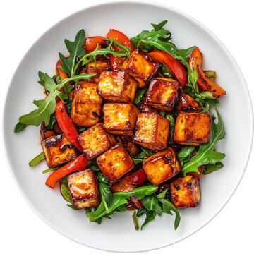 Stir-Fried Tofu in Asian Style with Vegetables and Teriyaki Texture on Transparent Background