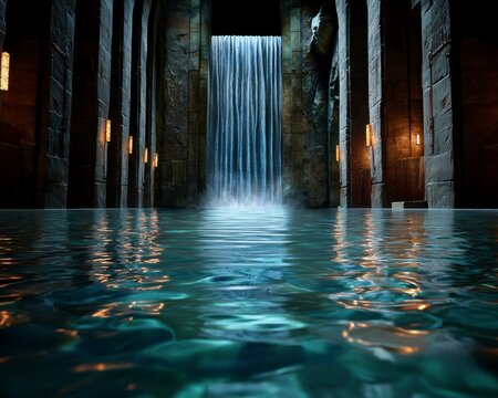 Explore a breathtaking digital art piece showcasing a futuristic waterfall made of pure light, smoothly cascading into an illusionary abyss Witness the mesmerizing fusion of technology and nature in