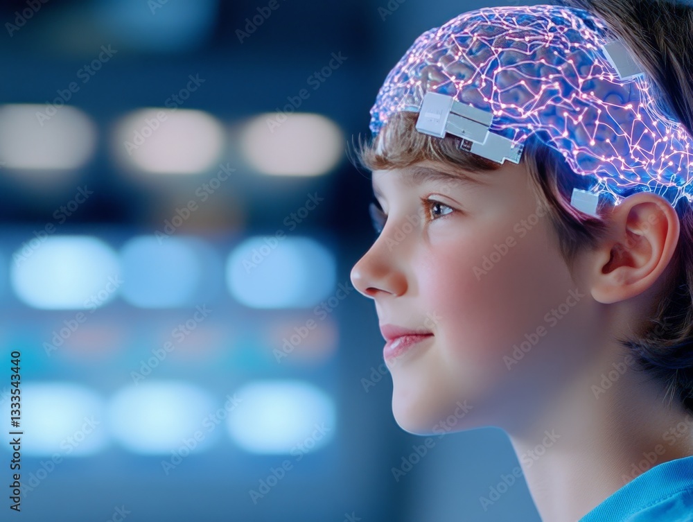 Poster young boy with a transparent brain visualization glowing with ai powered neural networks representin