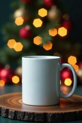 Blank ceramic mug, Xmas lights, blurred background, ornament, lights, template
