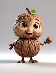 3D animated Illustration Showcasing a Hazelnut with a Sad Expression Exploring Sentience cartoon character on white background.