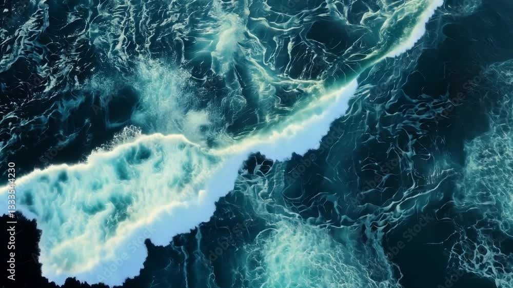 Poster aerial view of ocean waves creating intricate patterns with foamy textures and deep blue hues, showc