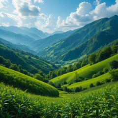 Obraz premium Green field and mountains in a scenic summer landscape with trees, grass, and clouds under a clear sky