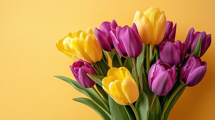 Obraz premium Vibrant Yellow and Purple Tulip Bouquet with Bright Background