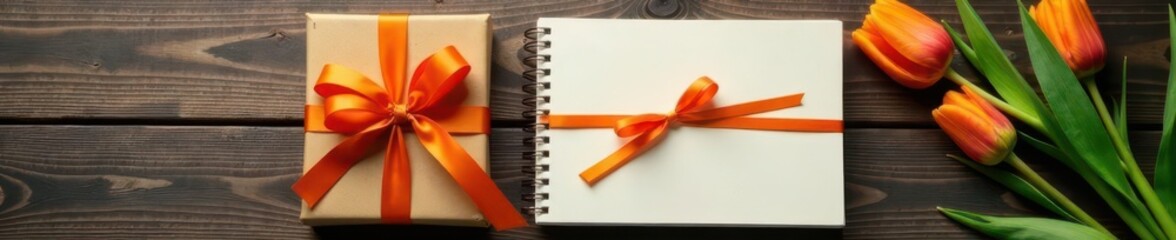 Blank notebook gift-wrapped with orange tulips on wood , gift wrapping paper, flowers