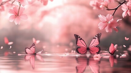 Serene Spring Scene with Pink Butterflies and Blossoming Flowers