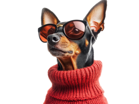 Isolated Miniature Pinscher Puppy Wearing a Red Sweater and Trendy Sunglasses