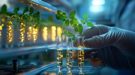 Explore cutting-edge scientific innovation in an advanced biotechnology laboratory with floating holographic genetic research panels, revolutionizing plant biology and agricultural technology Witness