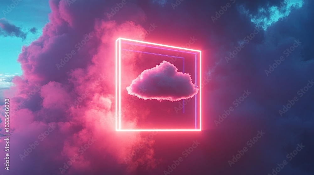 Poster neon 3d glowing square animation with floating cloud effect