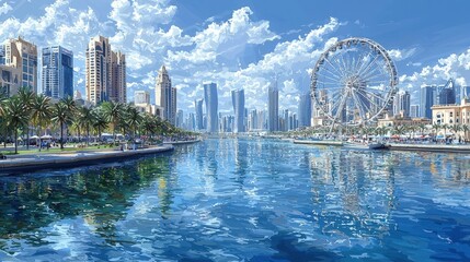 Naklejka premium Serene Skyline Over Crystal-Clear Water with Ferris Wheel and Lush Palm Trees in Cityscape