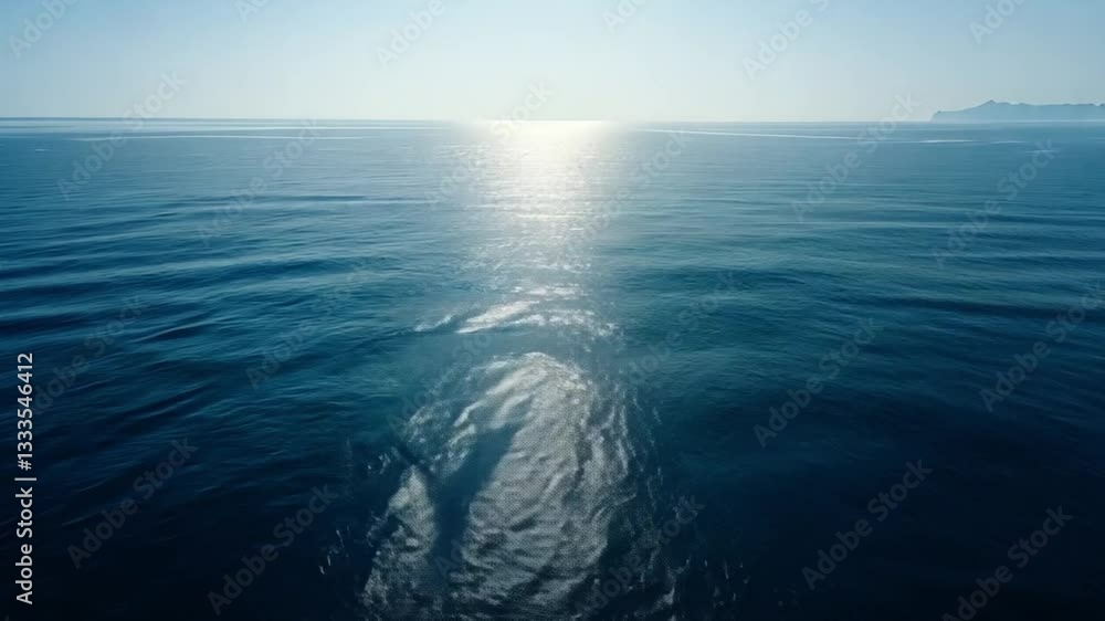 Poster Serene View of Ocean with Sunlight Reflecting on Water Surface, Creating Tranquil and Peaceful Atmosphere Distant Horizon and Clear Sky Enhance Sense of Calm and Vastness