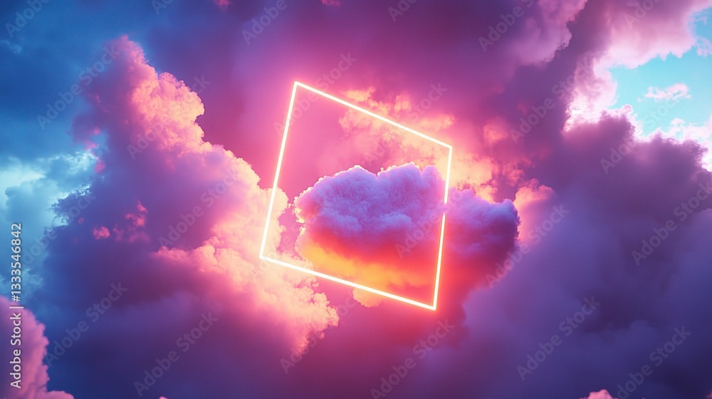 Poster glowing neon square in colorful clouds with 3d animation effect