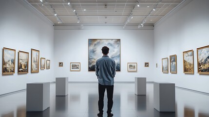 Art exhibition experience viewing masterpieces in a modern gallery