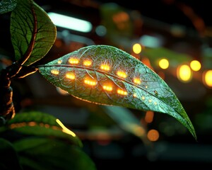 Explore the convergence of nature and technology with our image showcasing a leaf embedded with glowing futuristic cybernetic neural networks, representing the harmonious fusion of the natural world