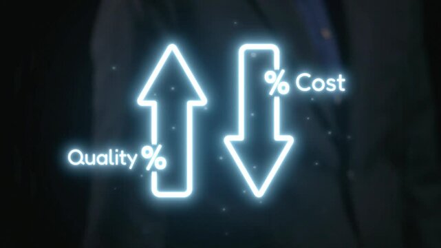 A modern neon visual featuring arrows indicating rising quality and falling cost, symbolizing business growth and strategic efficiency in a sleek corporate setting. Qubit