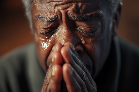 Old african american man praying God.	
