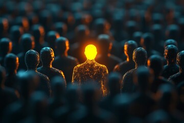 Obraz premium Be the light. One glowing person is different between others.