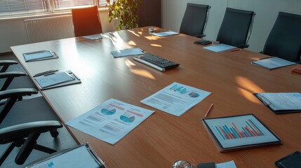 Modern Conference Room with Charts and Papers on Meeting Table