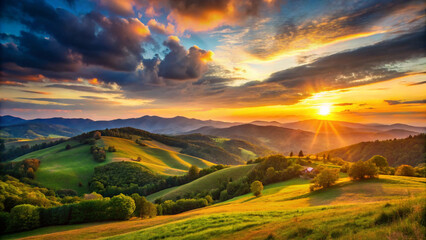 Beautiful landscape sunset with the hills in the evening.
