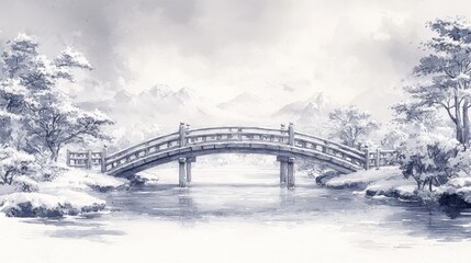 Tranquil Winter Landscape with Bridge and Mountains in Serene Black and White Art Style