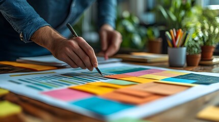 Fototapeta premium Team collaborating on a branding concept using colorful sticky notes