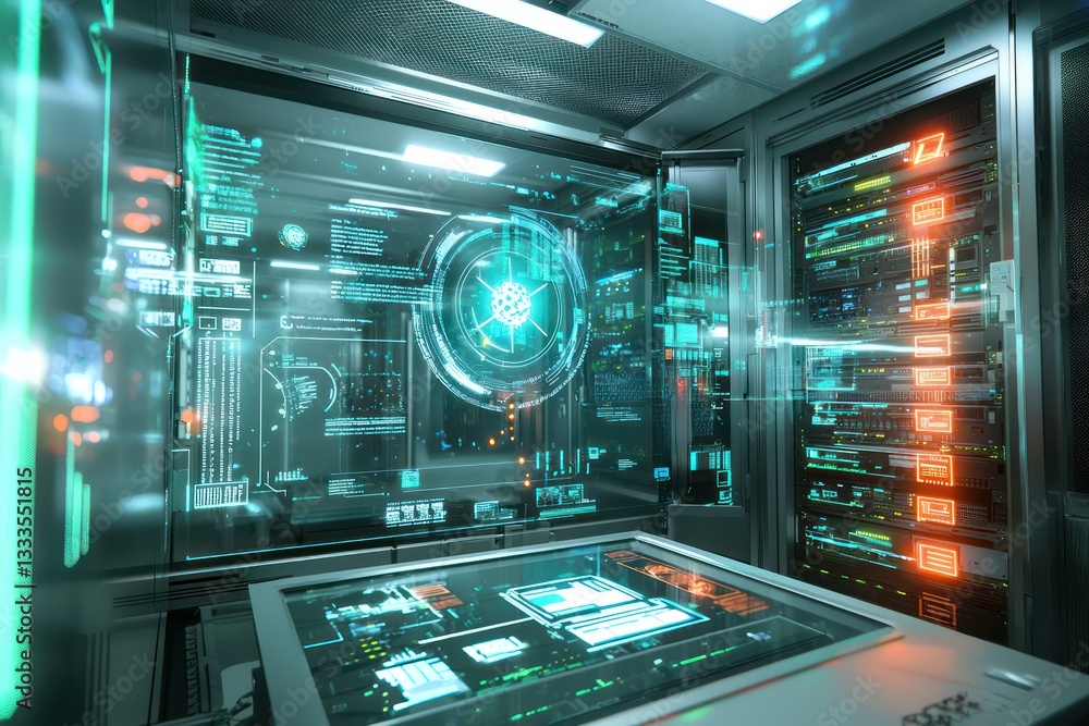Poster holographic systems in server room detect threats in real-time.