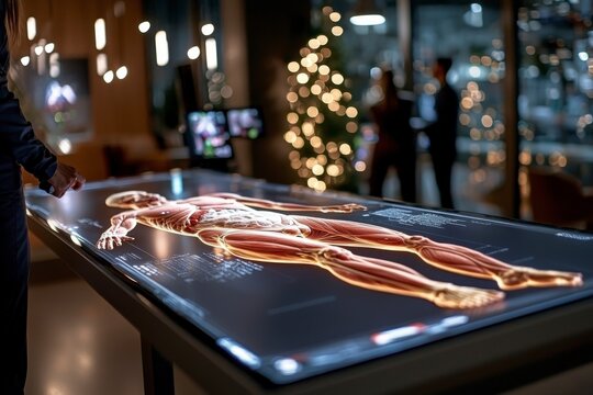 Explore the future of medicine with this High-tech holographic autopsy table displaying a virtual dissection of a human body Witness advanced anatomical visualization for medical education and