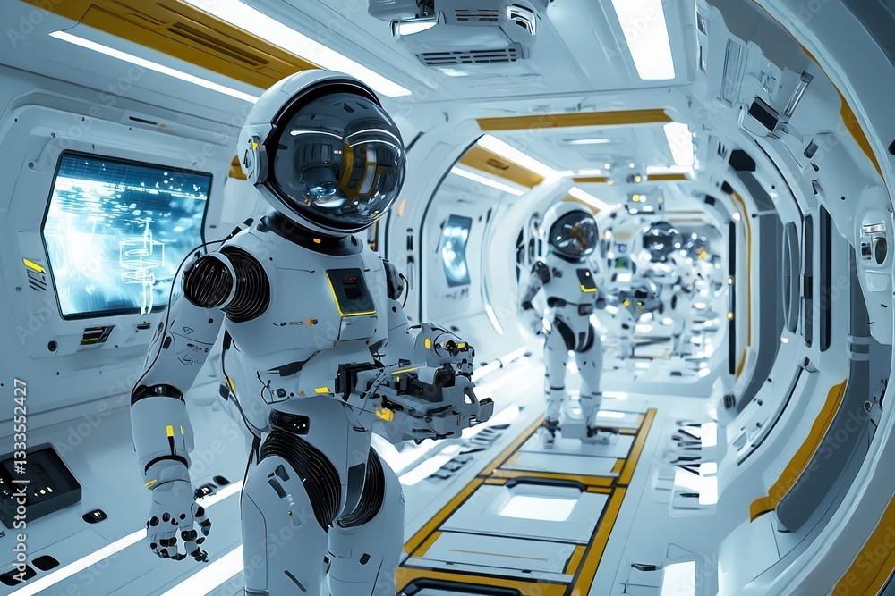 Poster space station scene with experimental robots
