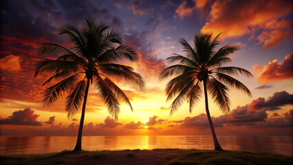 Dark two palm tree landscape, sunset over the cool ocean background.