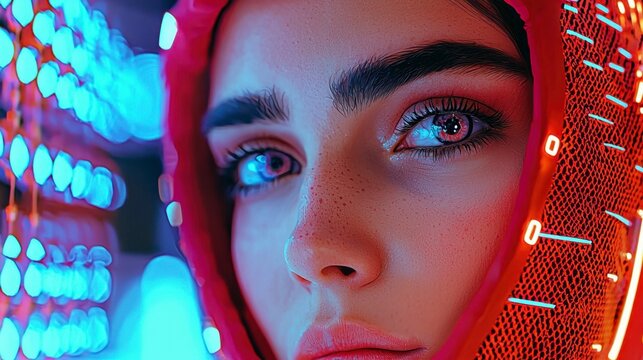 In the depths of her augmented gaze, a sprawling metropolis unfurls, a testament to humanity's relentless pursuit of innovation Skyscrapers pierce the clouds, their shimmering facades reflecting the - Powered by Adobe