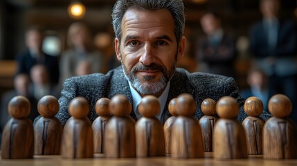 HR executive showcasing leadership concept by covering wooden models of employees