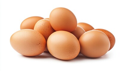 Pile of fresh brown eggs on a white background.