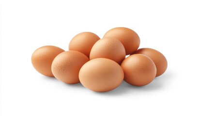 Pile of fresh brown eggs on a white background.