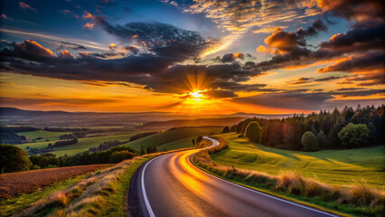 Sunset over the dark and worrier road at evening, landscape background.