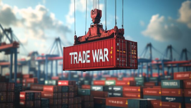 A container with the words TRADE WAR written on it is being lifted by a crane at a cargo port.