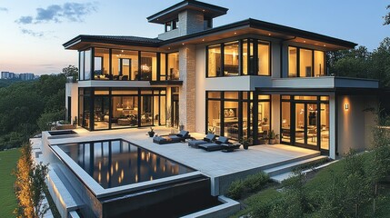 Obraz premium Modern luxury home with pool overlooking city