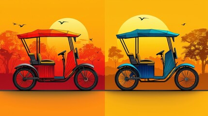 Colorful Rickshaws in Vibrant Sunset Setting with Silhouetted Trees and Birds Flying