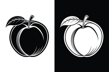 Black & White Peach icon silhouette. Simple Fruit Illustration for Branding