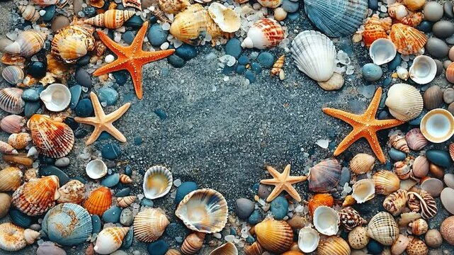 Seashells and orange starfish on sandy beach, summer frame or background copy space text