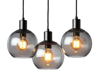 Isolated Cluster of Three Smoked Glass Globe Pendant Lights