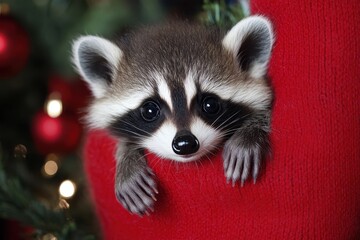 Raccoon in Festive Holiday Ambiance: A charming raccoon cub peeks playfully from a vibrant red stocking, set against a background adorned with shimmering Christmas decorations.