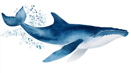 Fototapeta premium Blue whale watercolor artwork, vibrant blue and violet hues on white, majestic marine mammal in motion, elegant depiction of ocean life and beauty.