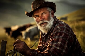 Obraz premium Old farmer installing a new electric fence.