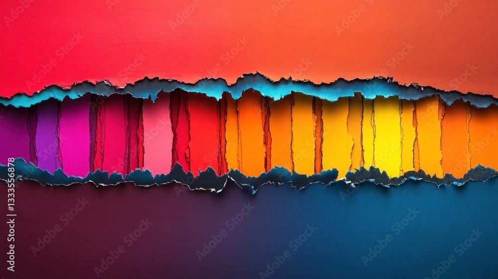 Poster torn and layered paper revealing a vibrant color spectrum display