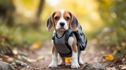 Beagle Pup with Backpack: A charming beagle puppy, ready for an adventure, sits attentively, a small backpack strapped to its back, its bright eyes capturing your gaze.